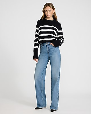 Plush Airy Soft Striped Crew Neck Wide Sleeve Sweater