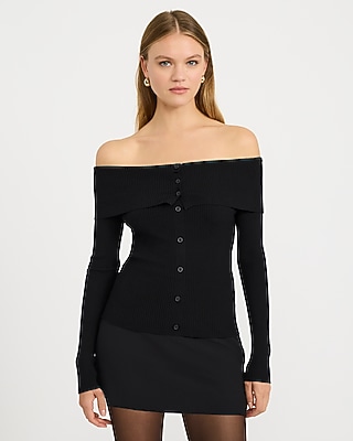 Fitted Ribbed Off The Shoulder Button Front Sweater