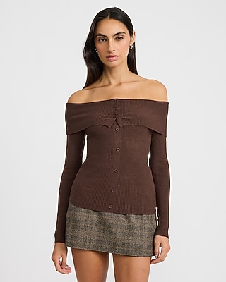 Fitted Ribbed Off The Shoulder Button Front Sweater