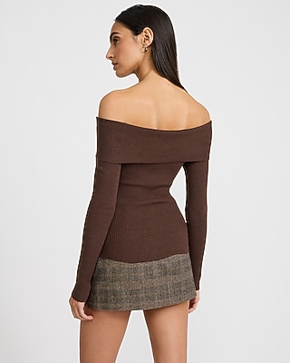 Fitted Ribbed Off The Shoulder Button Front Sweater