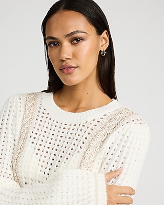 Open Stitch Shine Cable Knit Crew Neck Sweater | Express