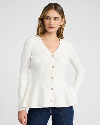 Airy Soft V-neck Novelty Button Peplum Cardigan | Express