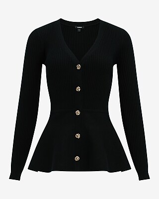 Airy Soft V-Neck Novelty Button Peplum Cardigan
