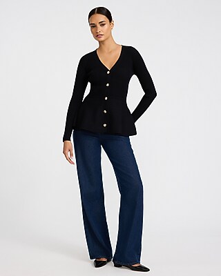 Airy Soft V-Neck Novelty Button Peplum Cardigan