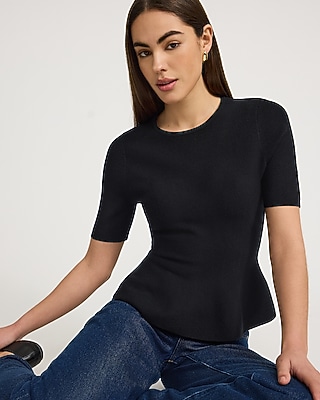 Airy Soft Crew Neck Short Sleeve Peplum Sweater