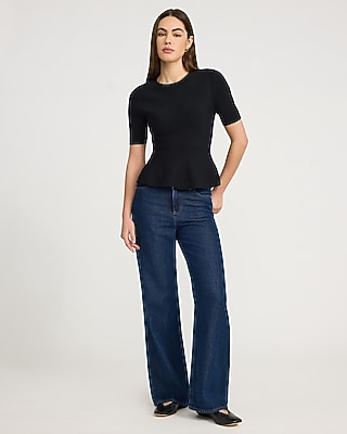 Airy Soft Crew Neck Short Sleeve Peplum Sweater