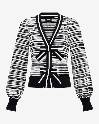 Striped V-Neck Long Sleeve Bow Cardigan