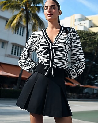 Striped V-Neck Long Sleeve Bow Cardigan