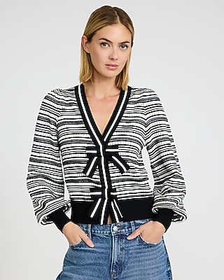 Striped V-Neck Long Sleeve Bow Cardigan