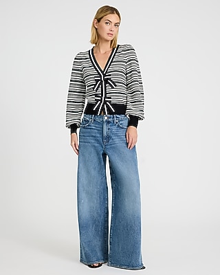 Striped V-Neck Long Sleeve Bow Cardigan