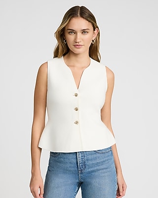 Airy Soft V-Neck Novelty Button Peplum Sweater Vest