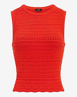 Pointelle Fitted Crew Neck Scalloped Sweater Tank