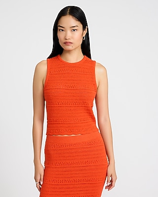 Pointelle Fitted Crew Neck Scalloped Sweater Tank