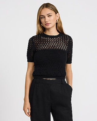 Cotton Open Stitch Crew Neck Sweater Tee