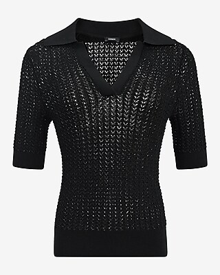 Open Stitch Collared Short Sleeve Sweater Polo