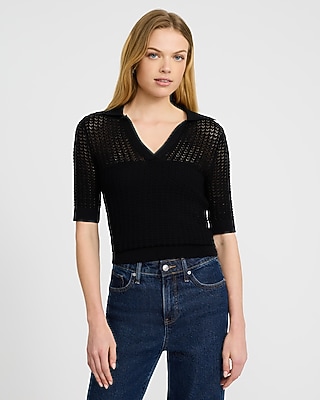 Open Stitch Collared Short Sleeve Sweater Polo