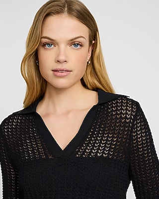 Open Stitch Collared Short Sleeve Sweater Polo