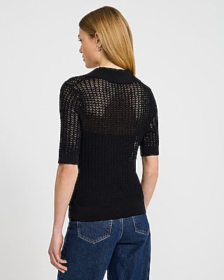 Open Stitch Collared Short Sleeve Sweater Polo