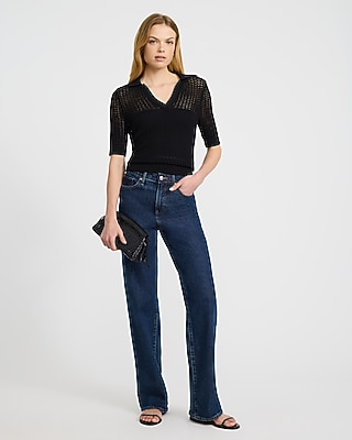 Open Stitch Collared Short Sleeve Sweater Polo