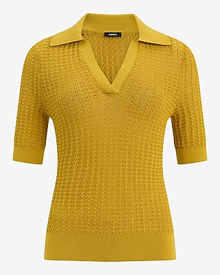 Open Stitch Collared Short Sleeve Sweater Polo