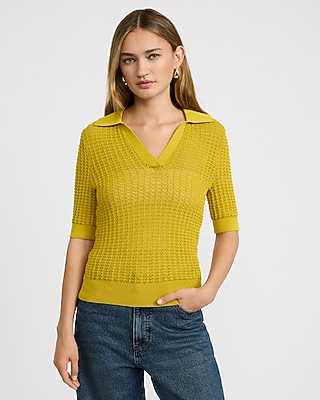 Open Stitch Collared Short Sleeve Sweater Polo