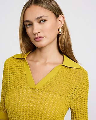 Open Stitch Collared Short Sleeve Sweater Polo