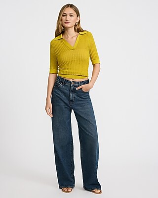 Open Stitch Collared Short Sleeve Sweater Polo