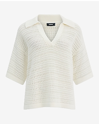 Cotton Open Stitch V-Neck Collared Sweater Polo