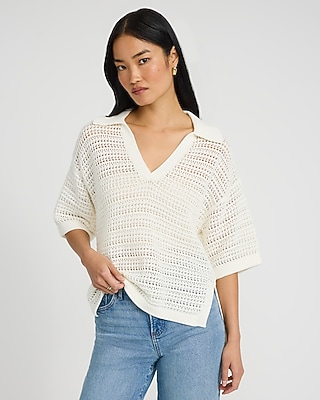 Cotton Open Stitch V-Neck Collared Sweater Polo