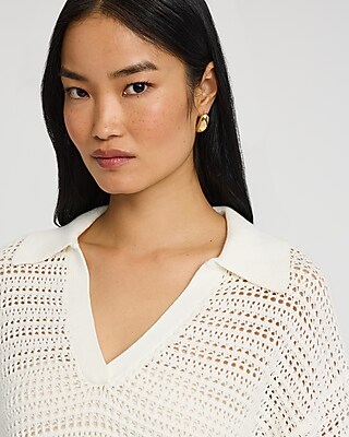 Cotton Open Stitch V-Neck Collared Sweater Polo