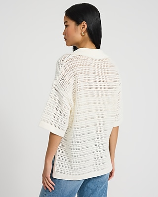 Cotton Open Stitch V-Neck Collared Sweater Polo