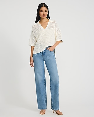 Cotton Open Stitch V-Neck Collared Sweater Polo