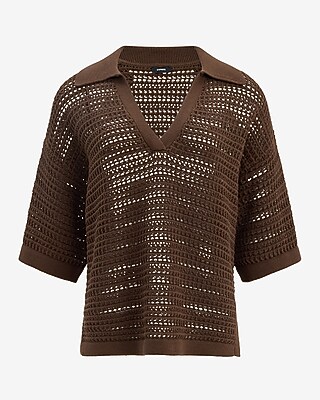 Cotton Open Stitch V-Neck Collared Sweater Polo