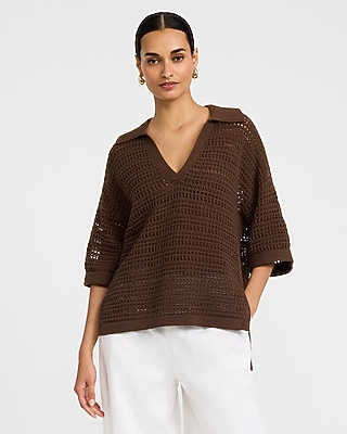 Cotton Open Stitch V-Neck Collared Sweater Polo