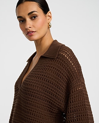 Cotton Open Stitch V-Neck Collared Sweater Polo