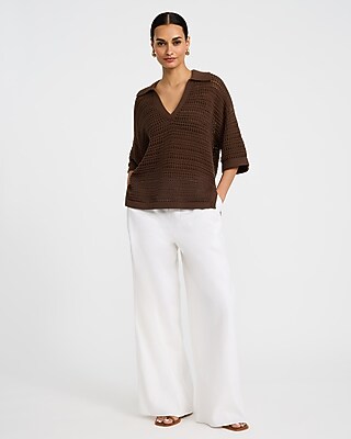 Cotton Open Stitch V-Neck Collared Sweater Polo