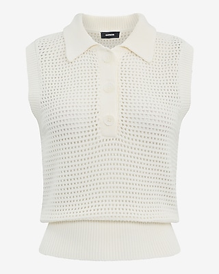 Open Stitch Crochet Crew Neck Sleeveless Sweater Polo
