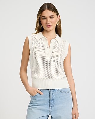 Open Stitch Crochet Crew Neck Sleeveless Sweater Polo