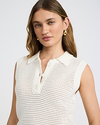 Open Stitch Crochet Crew Neck Sleeveless Sweater Polo