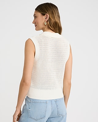Open Stitch Crochet Crew Neck Sleeveless Sweater Polo
