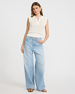 Open Stitch Crochet Crew Neck Sleeveless Sweater Polo