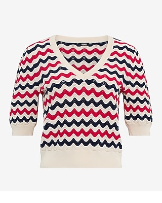 Chevron V-Neck Short Puff Sleeve Sweater