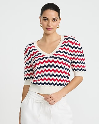 Chevron V-Neck Short Puff Sleeve Sweater