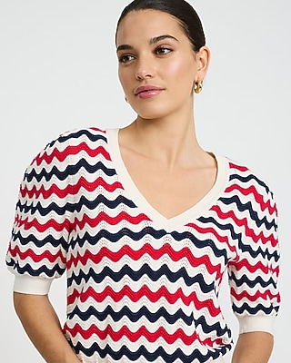 Chevron V-Neck Short Puff Sleeve Sweater