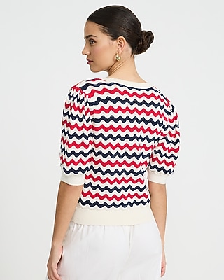 Chevron V-Neck Short Puff Sleeve Sweater
