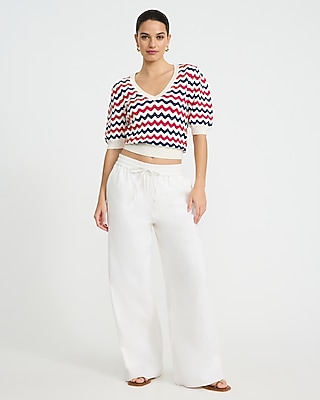 Chevron V-Neck Short Puff Sleeve Sweater