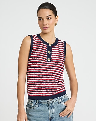 Cotton Tipped Crew Neck Novelty Button Sweater Tank