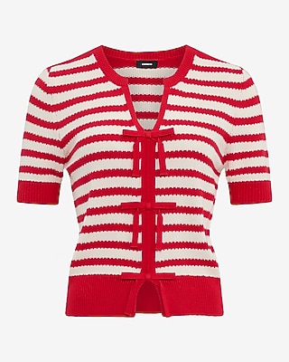 Cotton Striped Notch Neck Bow Front Short Sleeve Sweater