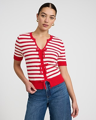 Cotton Striped Notch Neck Bow Front Short Sleeve Sweater