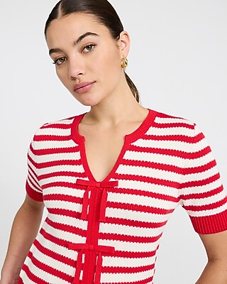 Cotton Striped Notch Neck Bow Front Short Sleeve Sweater